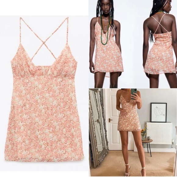 Zara Floral Print Lined Mini Slip Dress | Size M Peach Pink Summer Sundress - Picture 1 of 16
